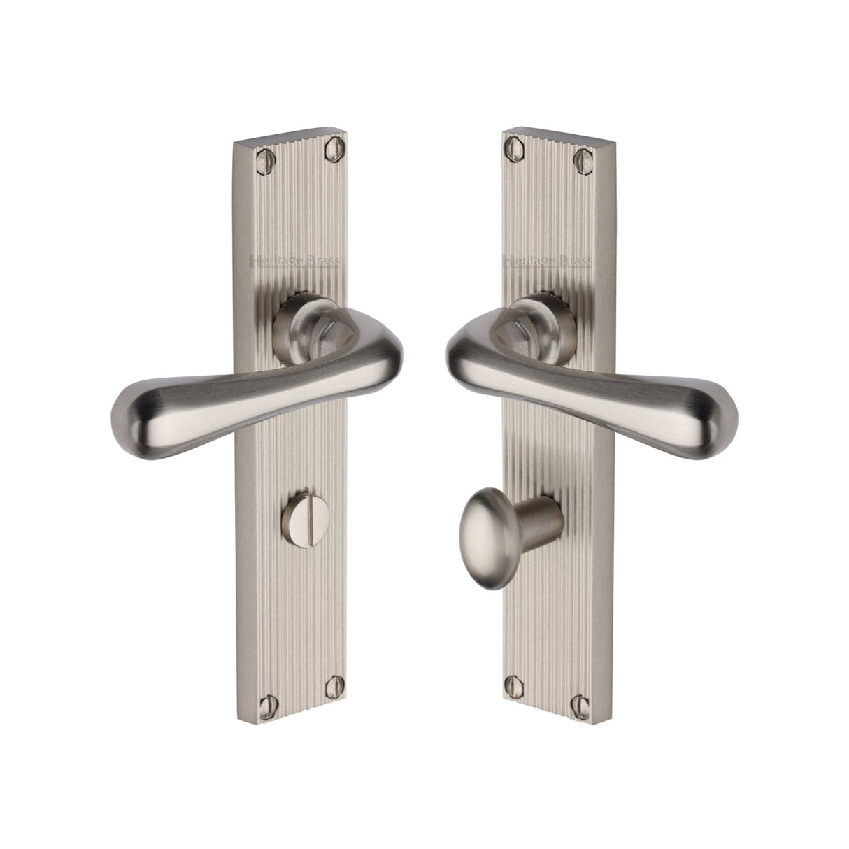 Heritage Brass Door Furniture Satin Nickel / Bathroom Lock Handles Heritage Brass - Charlbury Reeded Bathroom Set Satin Nickel finish