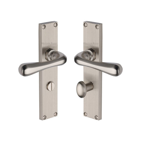 Heritage Brass Door Furniture Satin Nickel / Bathroom Lock Handles Heritage Brass - Charlbury Reeded Bathroom Set Satin Nickel finish