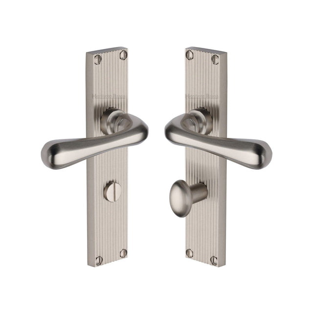 Heritage Brass Door Furniture Satin Nickel / Bathroom Lock Handles Heritage Brass - Charlbury Reeded Bathroom Set Satin Nickel finish
