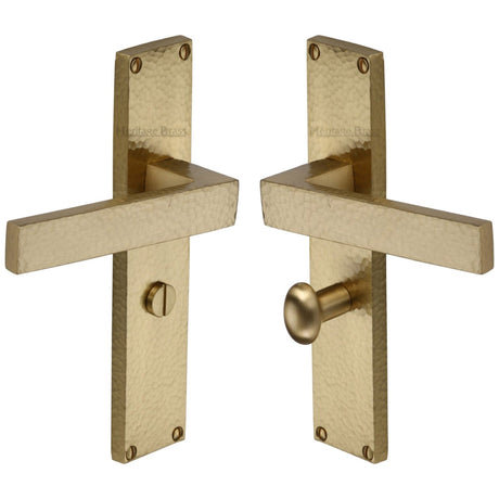 Heritage Brass Door Furniture Satin Brass / Bathroom Lock Handles Heritage Brass - Delta Hammered Bathroom Set Door Handle on 200mm Plate Satin Brass finish