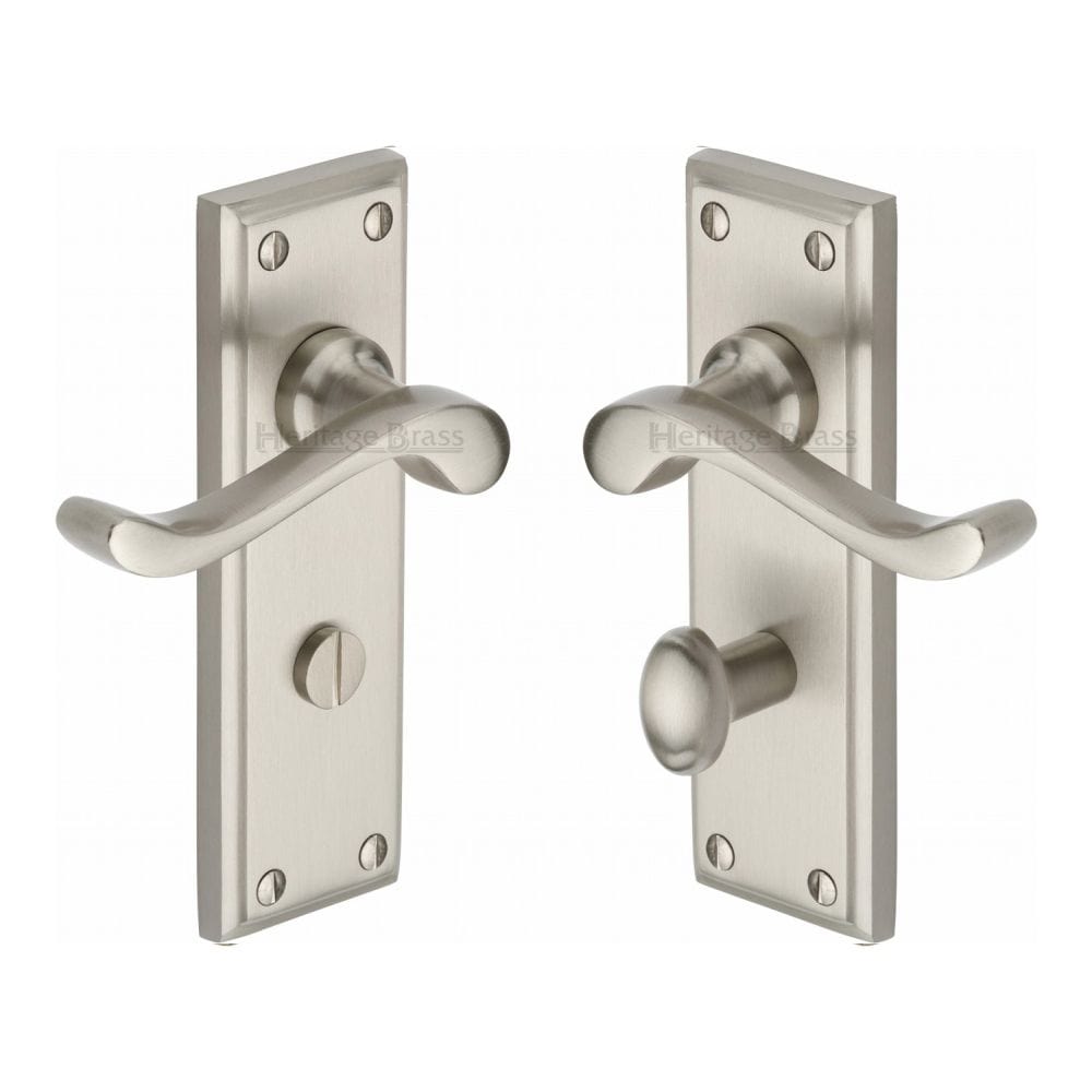 Heritage Brass Door Furniture Satin Nickel / Bathroom Lock Handles Heritage Brass - Door Handle for Bathroom Edwardian Design Satin Nickel Finish