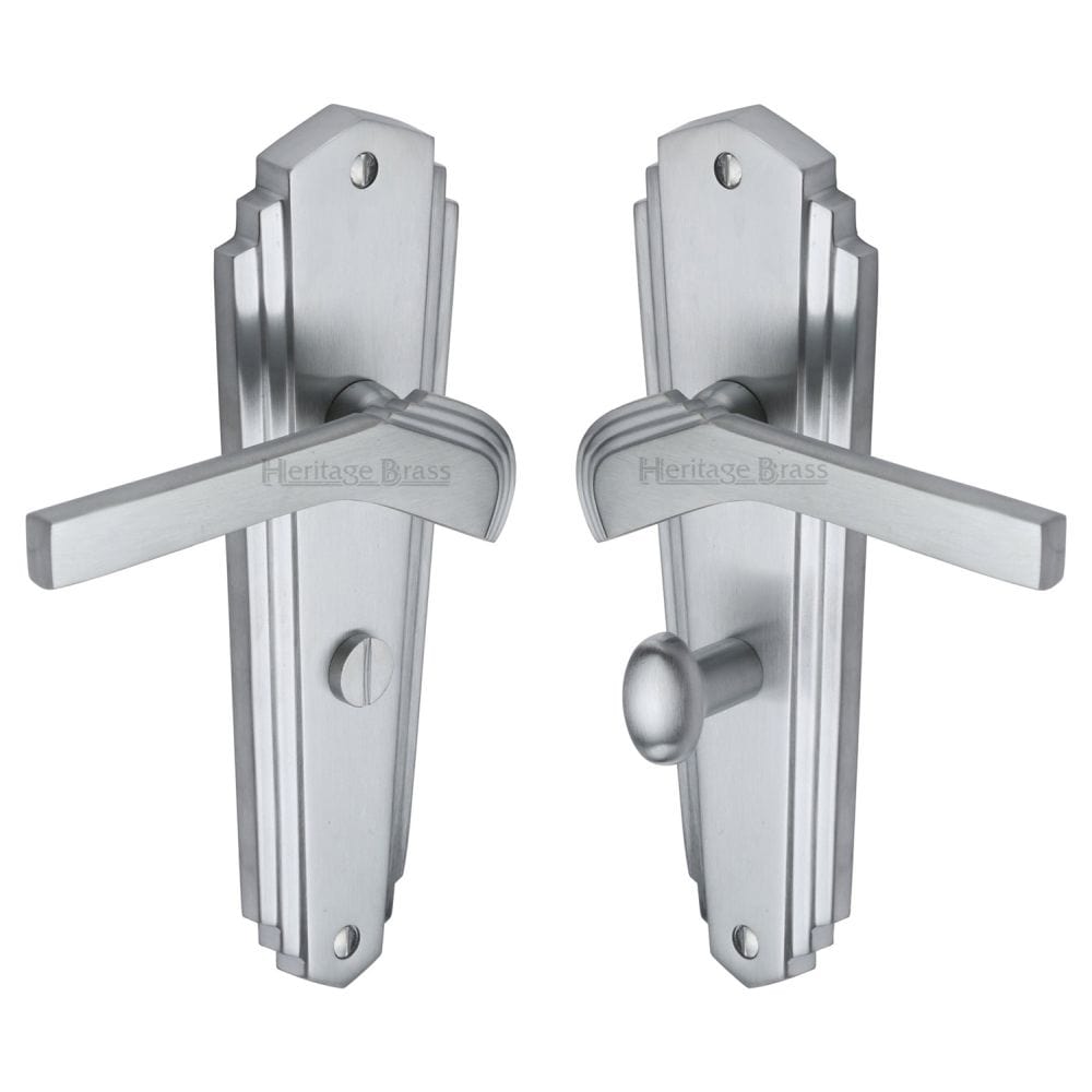 Heritage Brass Door Furniture Satin Chrome / Bathroom Lock Handles Heritage Brass - Door Handle for Bathroom Waldorf Design Satin Chrome Finish
