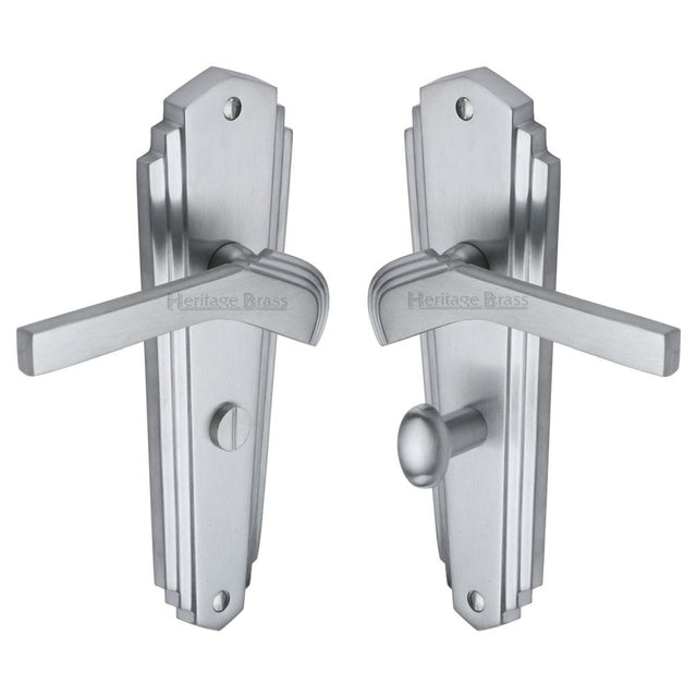Heritage Brass Door Furniture Satin Chrome / Bathroom Lock Handles Heritage Brass - Door Handle for Bathroom Waldorf Design Satin Chrome Finish