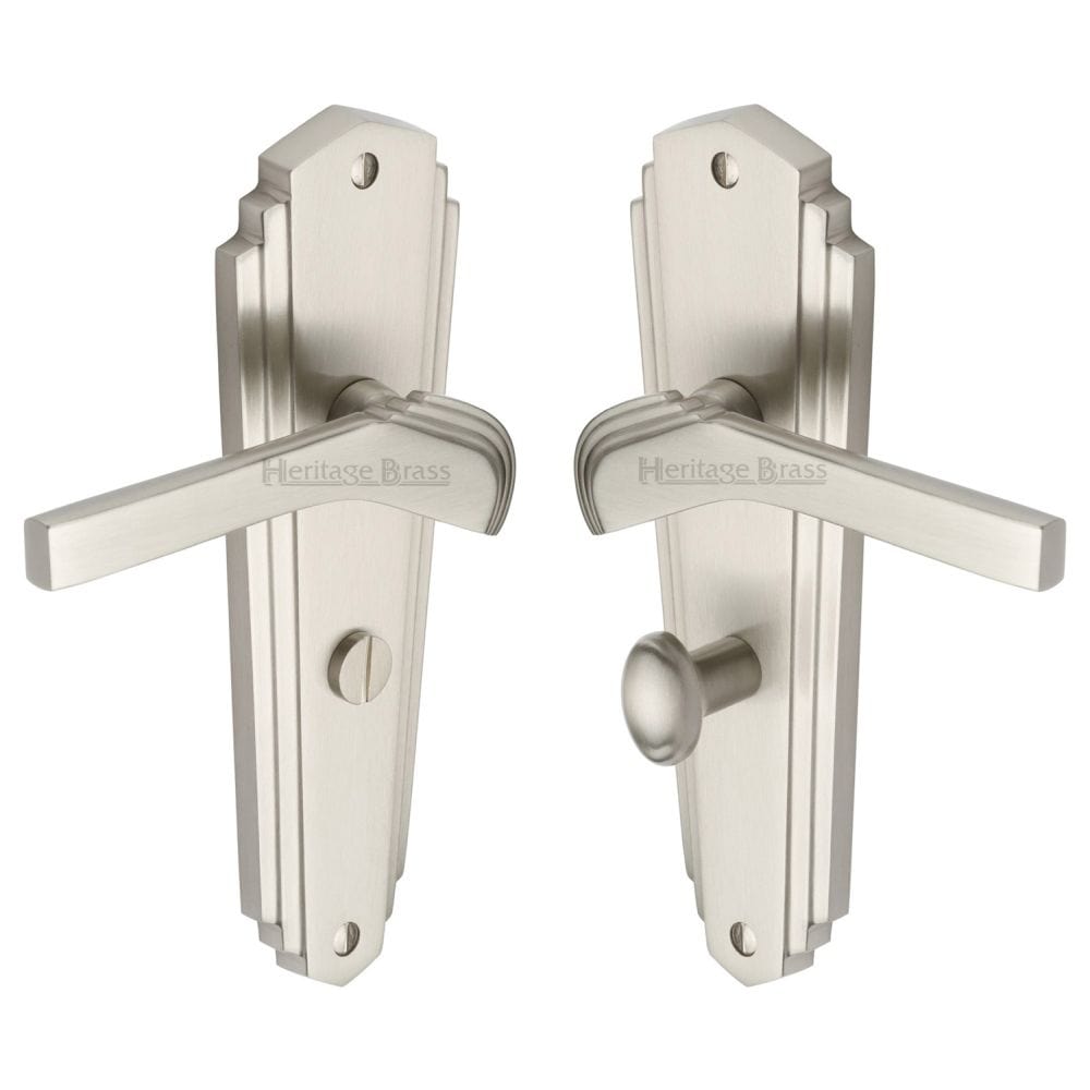 Heritage Brass Door Furniture Satin Nickel / Bathroom Lock Handles Heritage Brass - Door Handle for Bathroom Waldorf Design Satin Nickel Finish