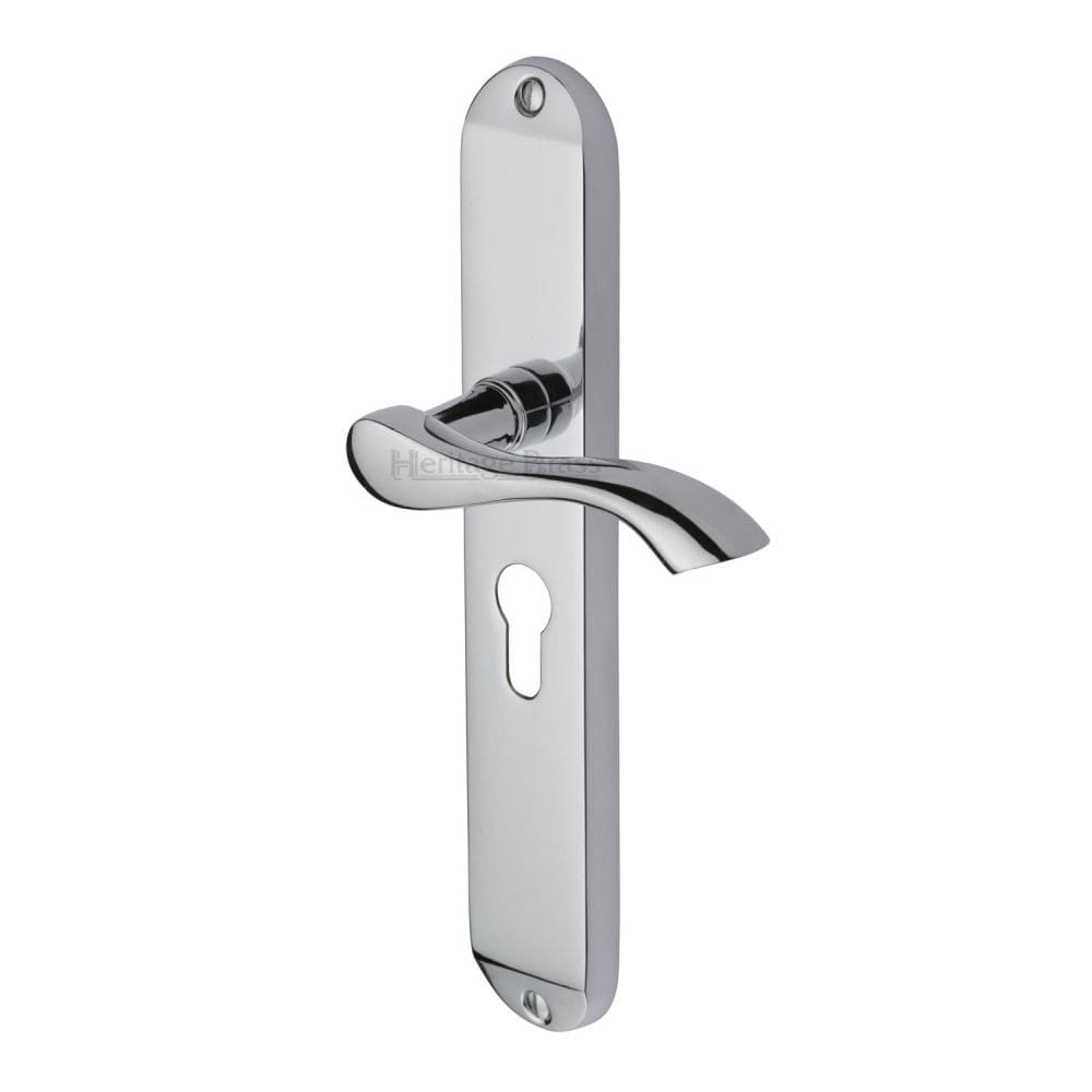Heritage Brass Door Furniture Polished Chrome / Euro Profile Lock Handles Heritage Brass - Door Handle for Euro Profile Plate Algarve Long Design Polished Chr