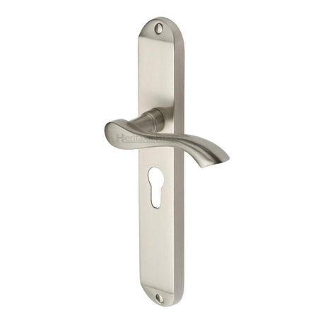Heritage Brass Door Furniture Satin Nickel / Euro Profile Lock Handles Heritage Brass - Door Handle for Euro Profile Plate Algarve Long Design Satin Nic