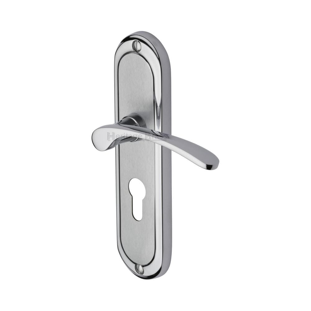 Heritage Brass Door Furniture Apollo Dual Finish,Satin Chrome/Polished Chrome / Euro Profile Lock Handles Heritage Brass - Door Handle for Euro Profile Plate Ambassador Design Apollo Fin