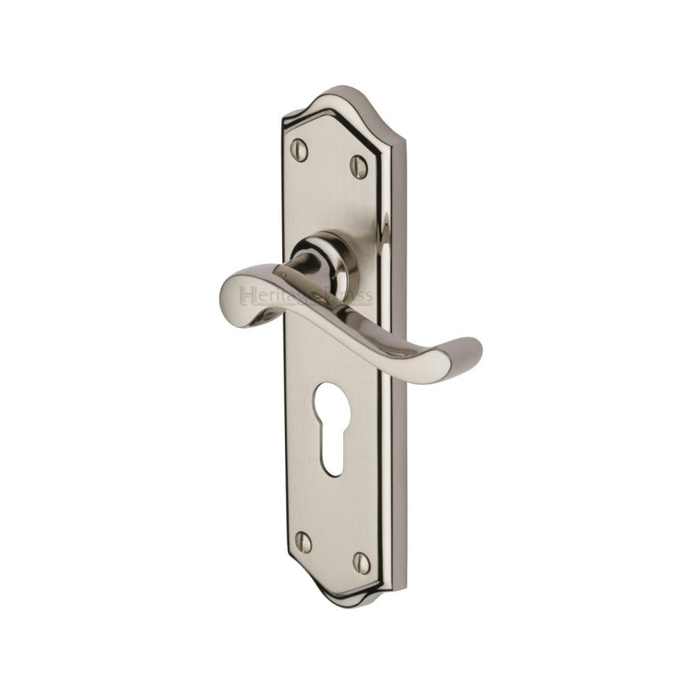 Heritage Brass Door Furniture Mercury Dual Finish,Satin Nickel and Polished Nickel / Euro Profile Lock Handles Heritage Brass - Door Handle for Euro Profile Plate Buckingham Design Mercury Fi