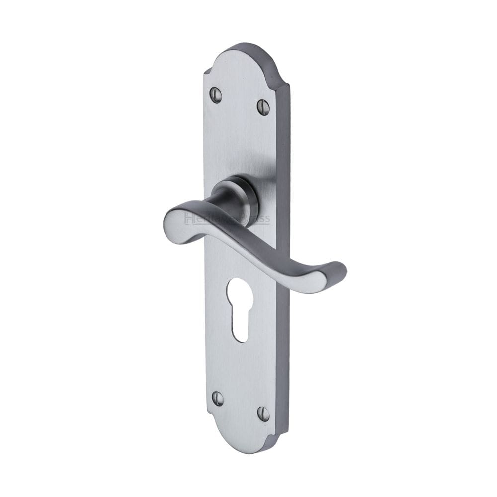 Heritage Brass Door Furniture Satin Chrome / Euro Profile Lock Handles Heritage Brass - Door Handle for Euro Profile Plate Savoy Long Design Satin Chrom