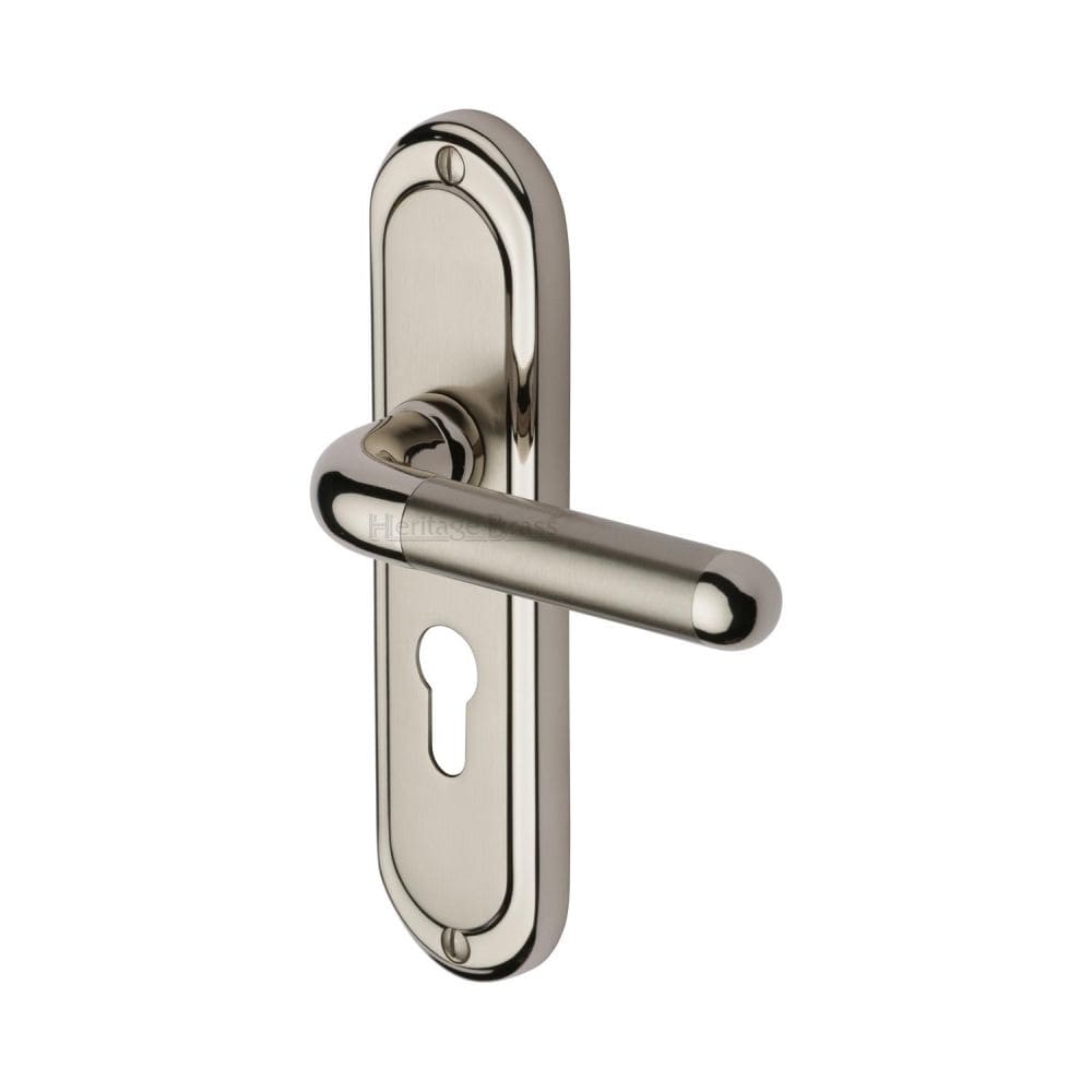 Heritage Brass Door Furniture Mercury Dual Finish,Satin Nickel and Polished Nickel / Euro Profile Lock Handles Heritage Brass - Door Handle for Euro Profile Plate Vienna Design Mercury Finish