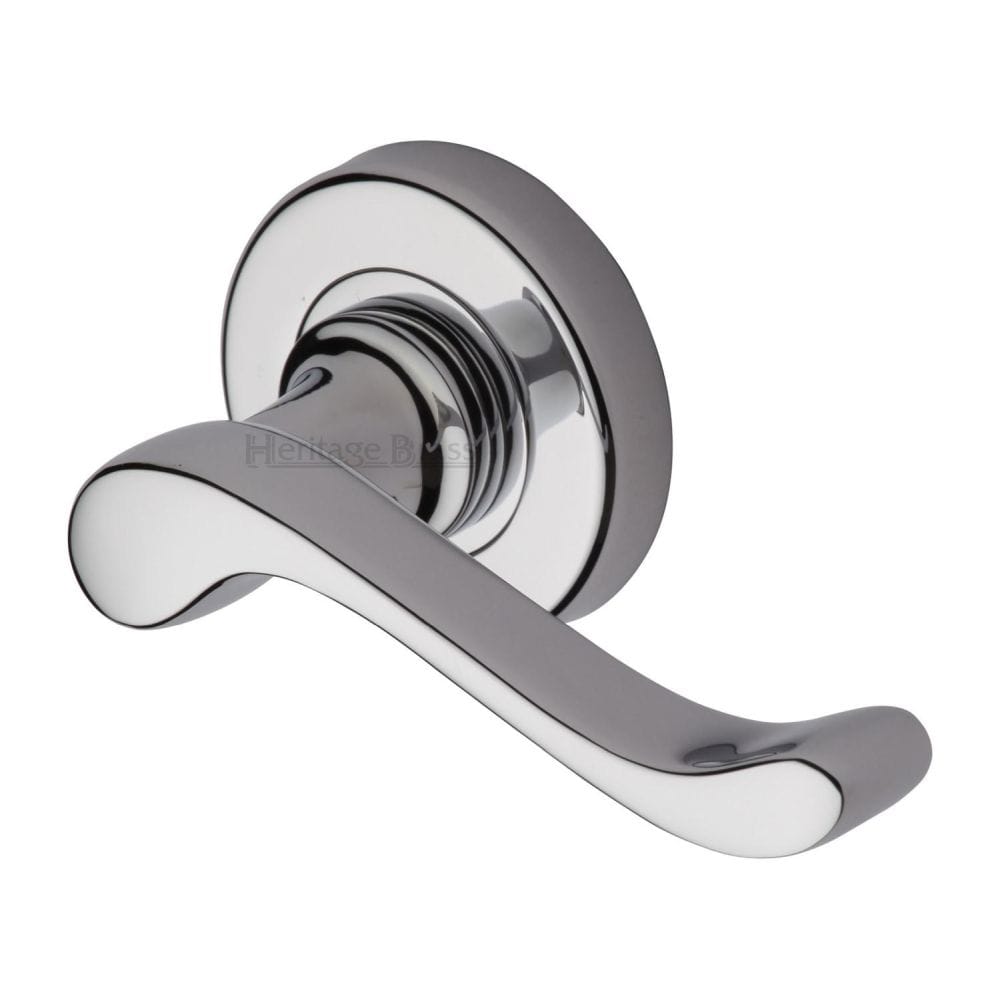 Heritage Brass Door Furniture Polished Chrome / Round Rose Heritage Brass - Door Handle Lever Latch on 53mm Round Rose Bedford Design Polished