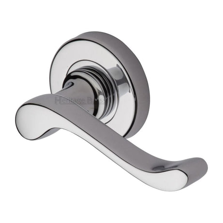Heritage Brass Door Furniture Polished Chrome / Round Rose Heritage Brass - Door Handle Lever Latch on 53mm Round Rose Bedford Design Polished