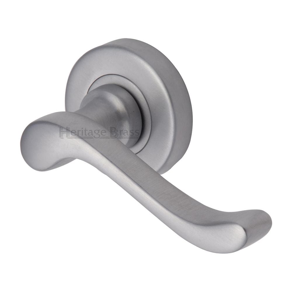Heritage Brass Door Furniture Satin Chrome / Round Rose Heritage Brass - Door Handle Lever Latch on 53mm Round Rose Bedford Design Satin