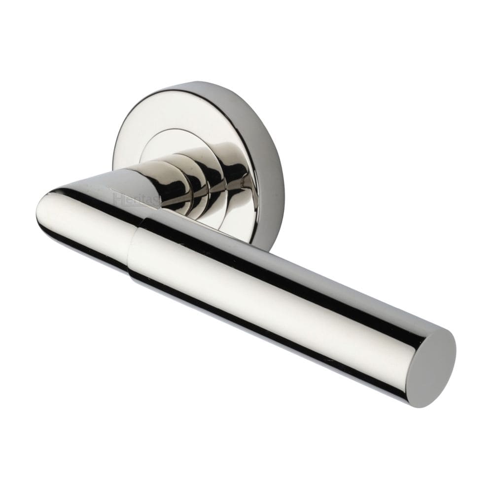 Heritage Brass Door Furniture Polished Nickel / Round Rose Heritage Brass - Door Handle Lever Latch on Round Rose Bauhaus Mitre Design Polished