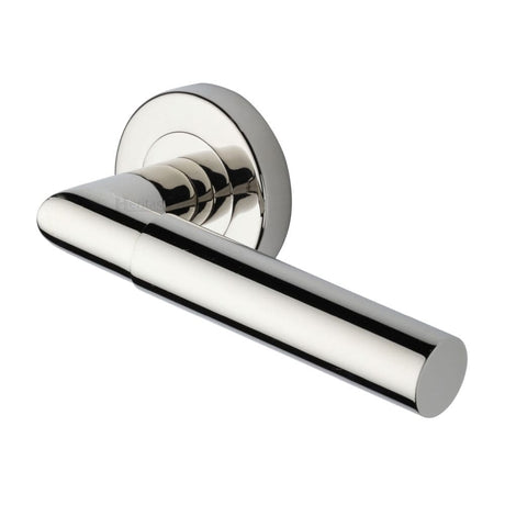 Heritage Brass Door Furniture Polished Nickel / Round Rose Heritage Brass - Door Handle Lever Latch on Round Rose Bauhaus Mitre Design Polished