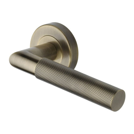 Heritage Brass Door Furniture Antique Brass / Round Rose Heritage Brass - Door Handle Lever Latch on Round Rose Bauhaus Mitre Knurled Des