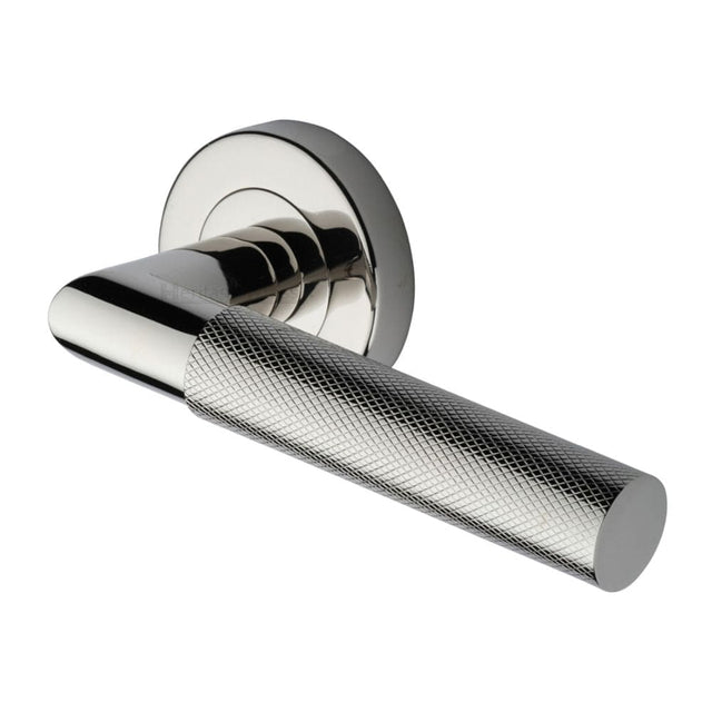 Heritage Brass Door Furniture Polished Nickel / Round Rose Heritage Brass - Door Handle Lever Latch on Round Rose Bauhaus Mitre Knurled Des