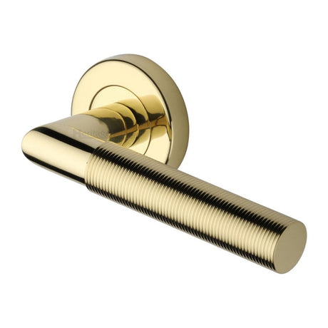 Heritage Brass Door Furniture Polished Brass / Round Rose Heritage Brass - Door Handle Lever Latch on Round Rose Bauhaus Mitre Reeded Desi
