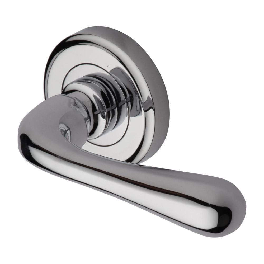 Heritage Brass Door Furniture Polished Chrome / Round Rose Heritage Brass - Door Handle Lever Latch on Round Rose Charlbury Design Polished Chr