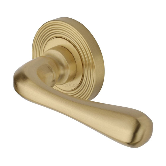 Heritage Brass Door Furniture Satin Brass / Round Rose Heritage Brass - Door Handle Lever Latch on Round Rose Charlbury Reeded Design S