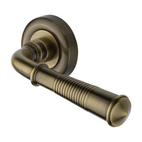 Heritage Brass Door Furniture Antique Brass / Round Rose Heritage Brass - Door Handle Lever Latch on Round Rose Colonial Reeded Design An