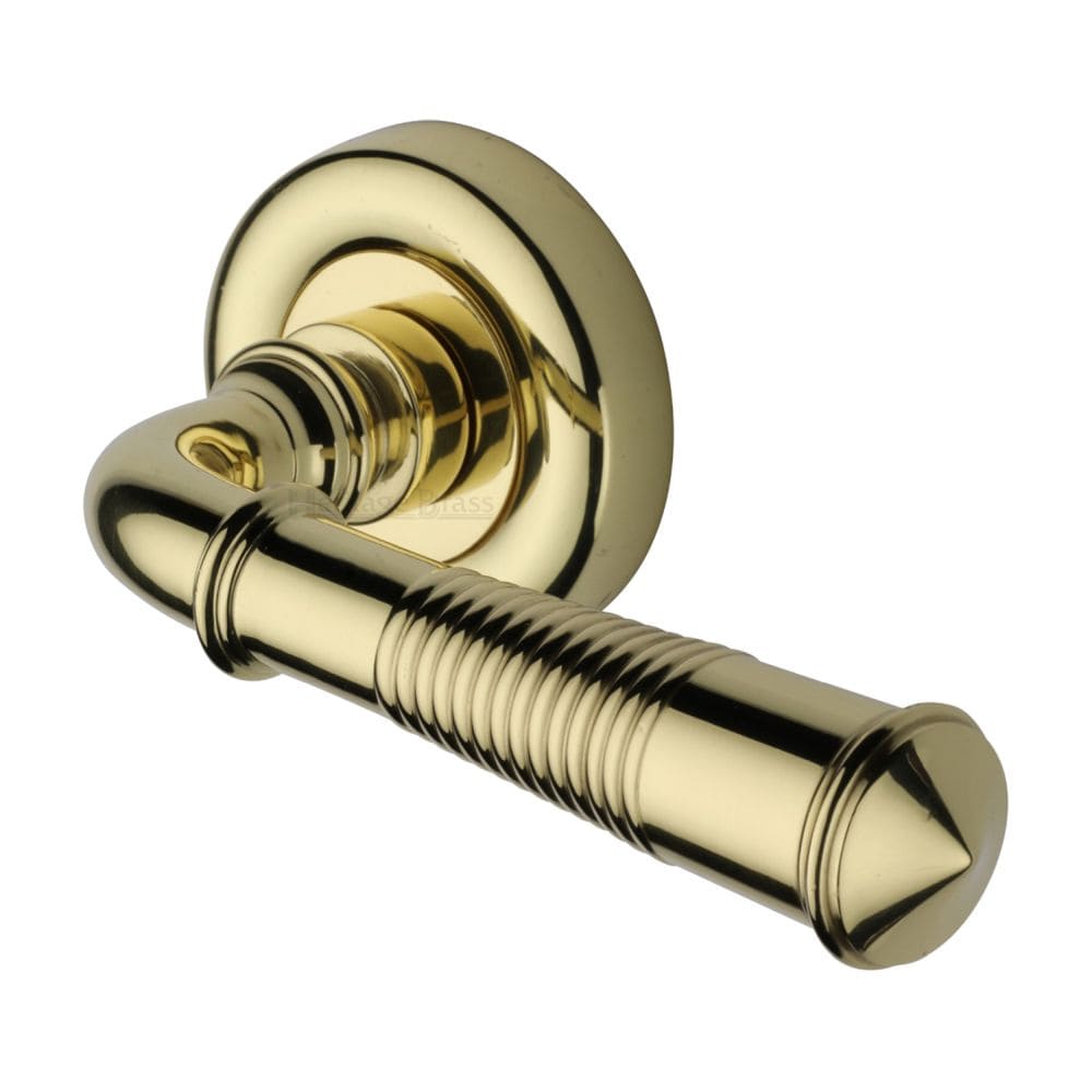 Heritage Brass Door Furniture Polished Brass / Round Rose Heritage Brass - Door Handle Lever Latch on Round Rose Colonial Reeded Design Po