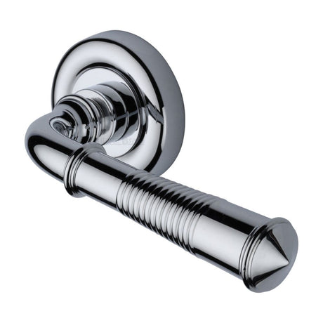 Heritage Brass Door Furniture Polished Chrome / Round Rose Heritage Brass - Door Handle Lever Latch on Round Rose Colonial Reeded Design Po