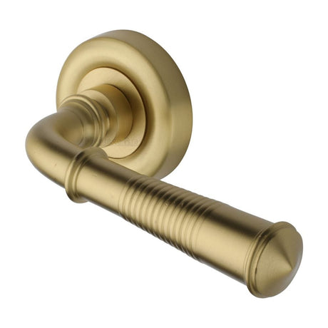 Heritage Brass Door Furniture Satin Brass / Round Rose Heritage Brass - Door Handle Lever Latch on Round Rose Colonial Reeded Design Sa