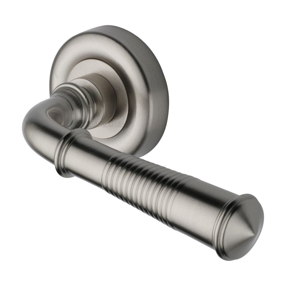 Heritage Brass Door Furniture Satin Nickel / Round Rose Heritage Brass - Door Handle Lever Latch on Round Rose Colonial Reeded Design Sa