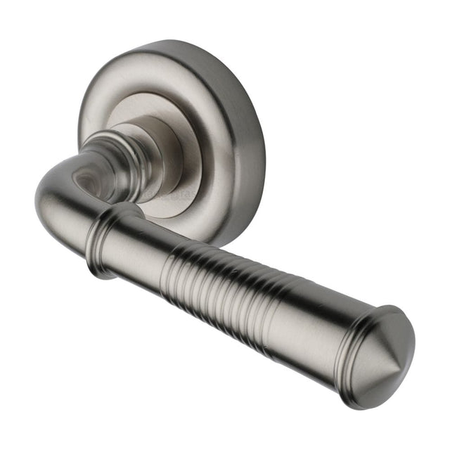 Heritage Brass Door Furniture Satin Nickel / Round Rose Heritage Brass - Door Handle Lever Latch on Round Rose Colonial Reeded Design Sa