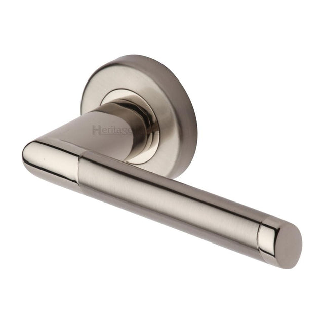 Heritage Brass Door Furniture Mercury Dual Finish,Satin Nickel and Polished Nickel / Round Rose Heritage Brass - Door Handle Lever Latch on Round Rose Ellipse Design Mercury Fi