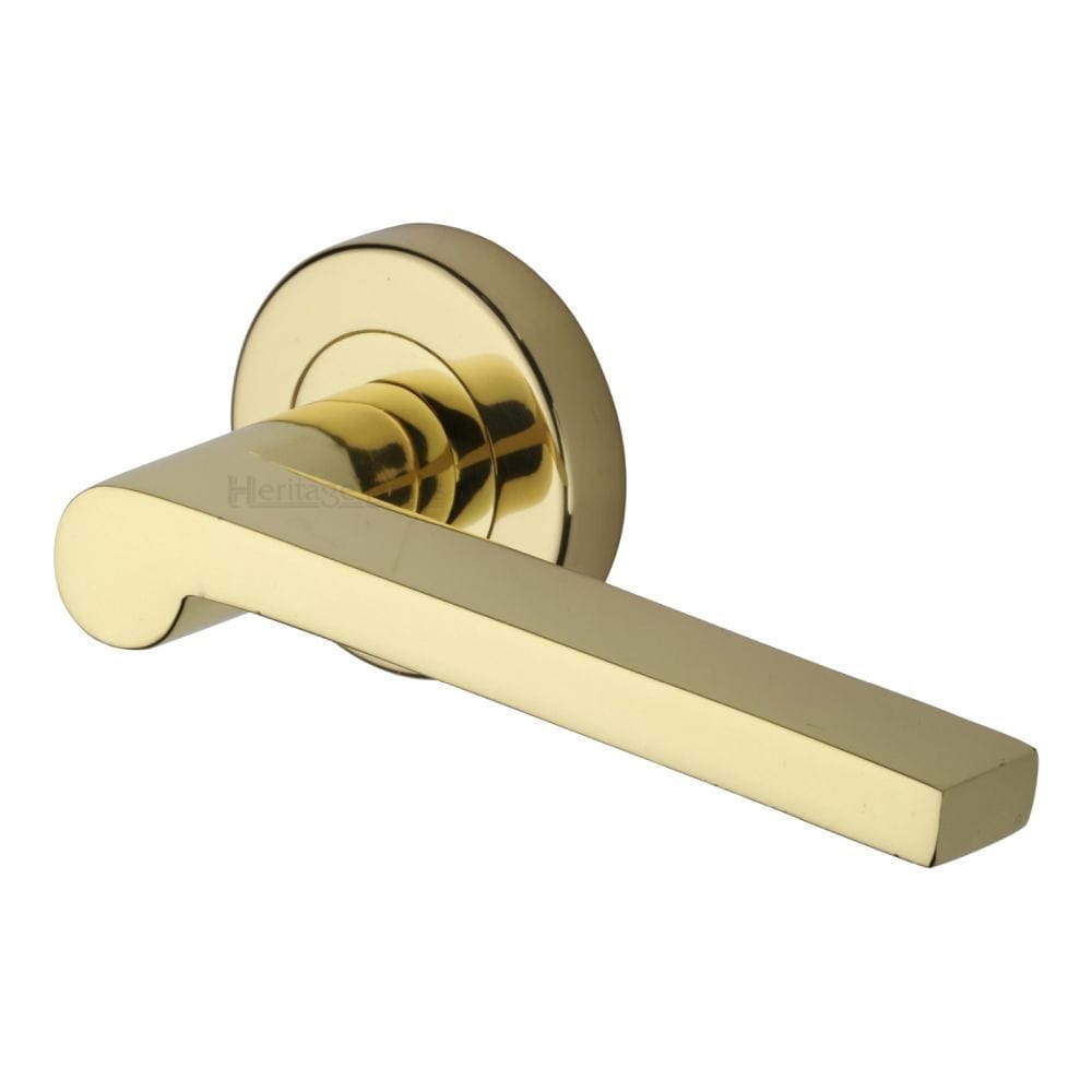 Heritage Brass Door Furniture Polished Brass / Round Rose Heritage Brass - Door Handle Lever Latch on Round Rose Metro Mid Century Design