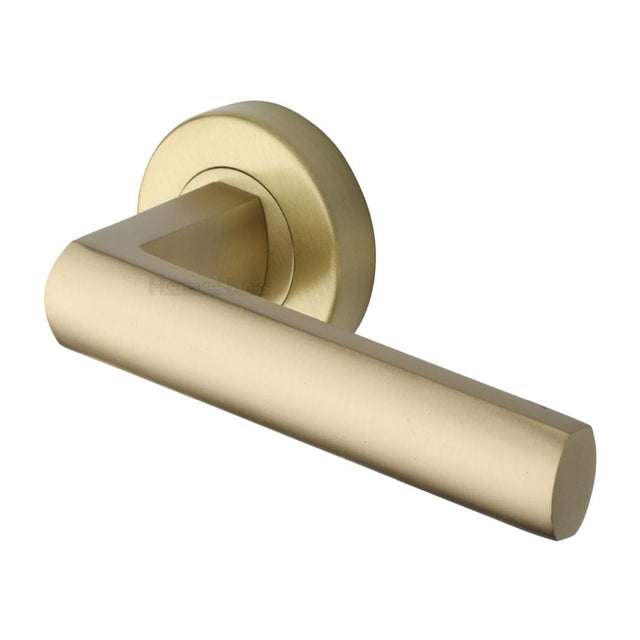 Heritage Brass Door Furniture Satin Brass / Round Rose Heritage Brass - Door Handle Lever Latch on Round Rose Poseidon Design Satin Bras