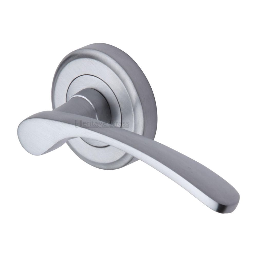 Heritage Brass Door Furniture Satin Chrome / Round Rose Heritage Brass - Door Handle Lever Latch on Round Rose Sophia Design Satin Chrome