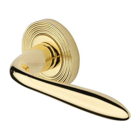 Heritage Brass Door Furniture Polished Brass / Round Rose Heritage Brass - Door Handle Lever Latch on Round Rose Sutton Reeded Design Polished