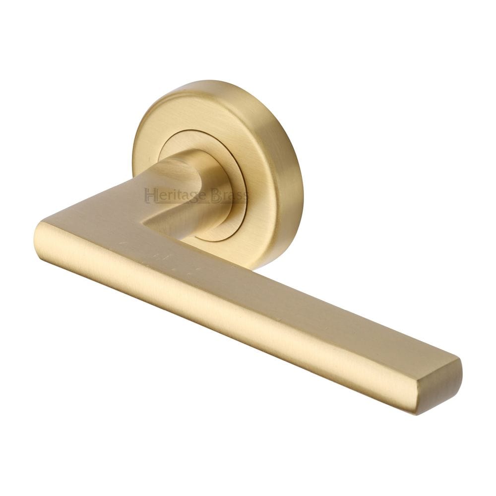 Heritage Brass Door Furniture Satin Brass / Round Rose Heritage Brass - Door Handle Lever Latch on Round Rose Trident Design Satin Brass