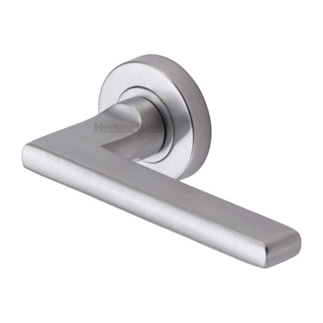 Heritage Brass Door Furniture Satin Chrome / Round Rose Heritage Brass - Door Handle Lever Latch on Round Rose Trident Design Satin Chrom