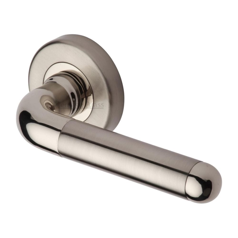 Heritage Brass Door Furniture Mercury Dual Finish,Satin Nickel and Polished Nickel / Round Rose Heritage Brass - Door Handle Lever Latch on Round Rose Vienna Design Mercury Fin