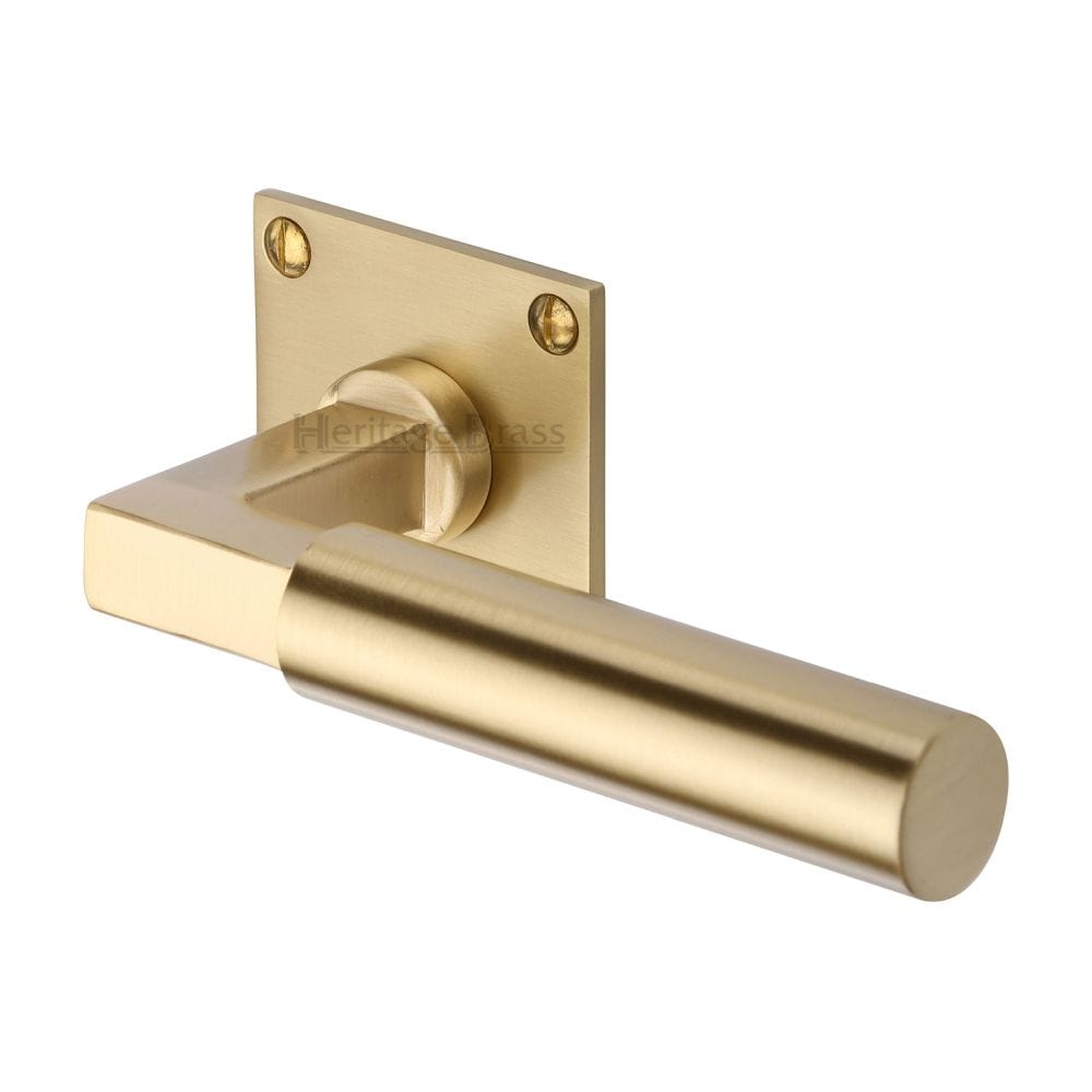 Heritage Brass Door Furniture Satin Brass / Square Rose Heritage Brass - Door Handle Lever Latch on Square Rose Bauhaus Design Satin Bras