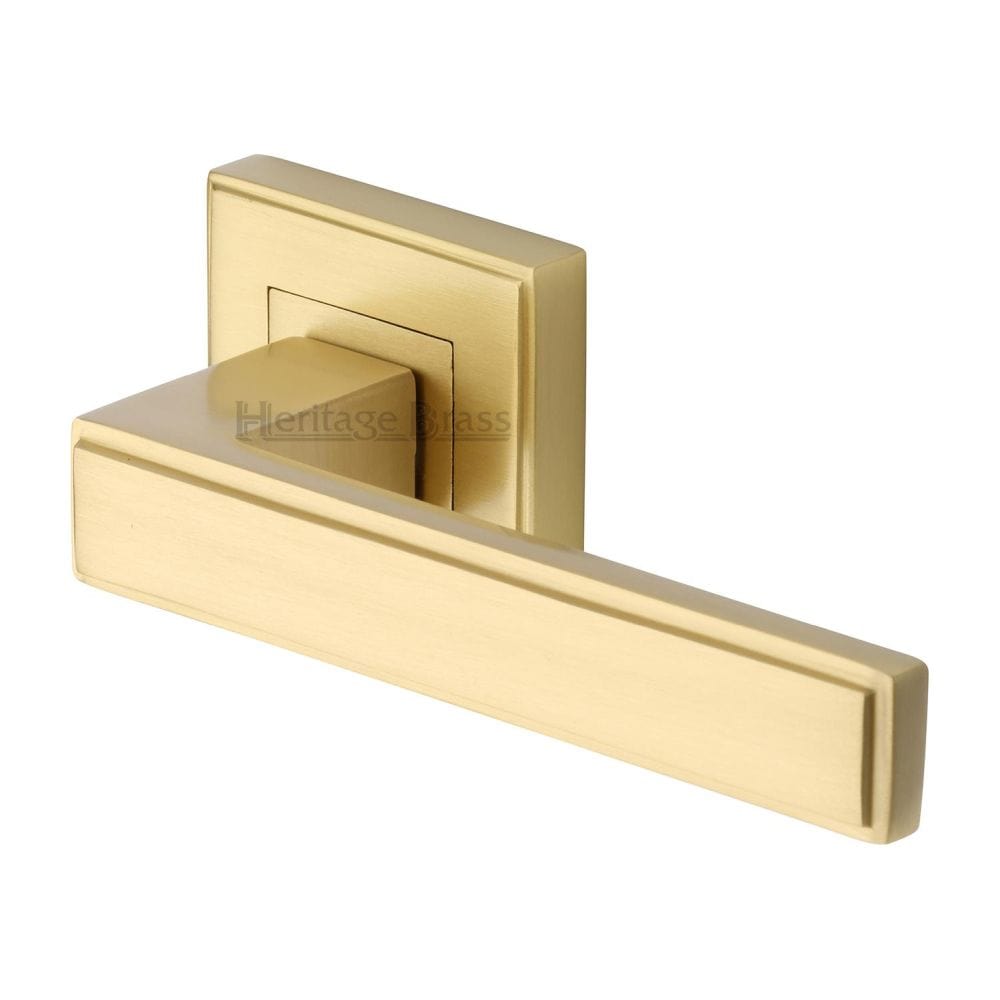 Heritage Brass Door Furniture Satin Brass / Square Rose Heritage Brass - Door Handle Lever Latch on Square Rose Linear SQ Design Satin Br