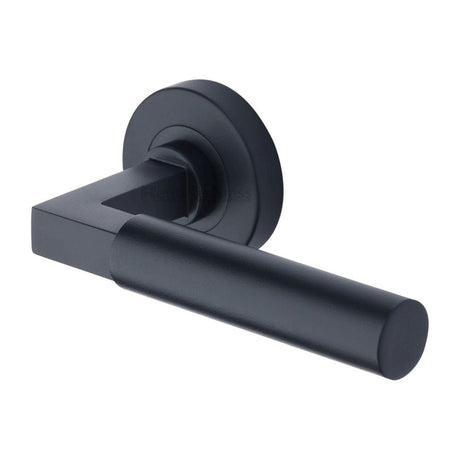 Heritage Brass Door Furniture Matt Black / Round Rose Heritage Brass - Door Handle Lever on Rose Bauhaus Design Matt Black Finish