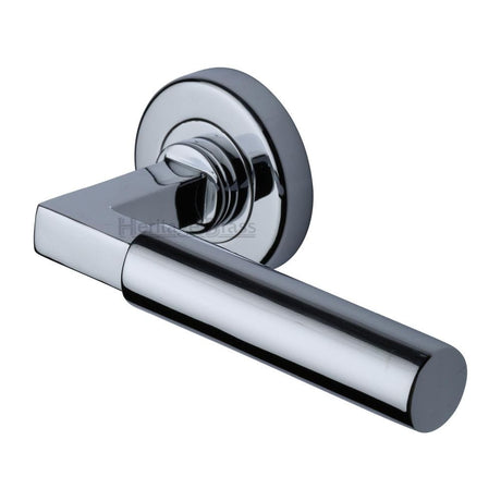 Heritage Brass Door Furniture Polished Chrome / Round Rose Heritage Brass - Door Handle Lever on Rose Bauhaus Design Polished Chrome Finish
