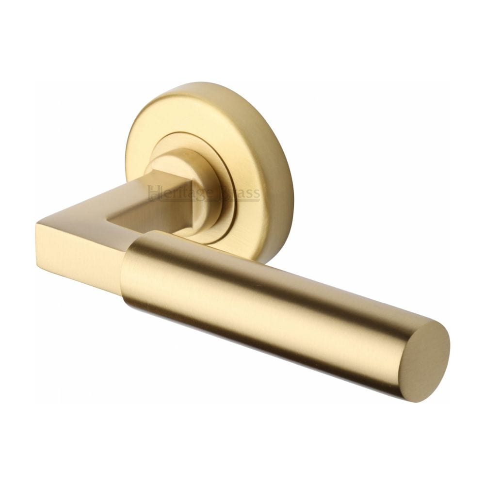 Heritage Brass Door Furniture Satin Brass / Round Rose Heritage Brass - Door Handle Lever on Rose Bauhaus Design Satin Brass Finish