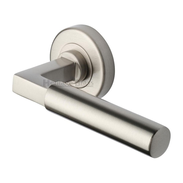 Heritage Brass Door Furniture Satin Nickel / Round Rose Heritage Brass - Door Handle Lever on Rose Bauhaus Design Satin Nickel Finish