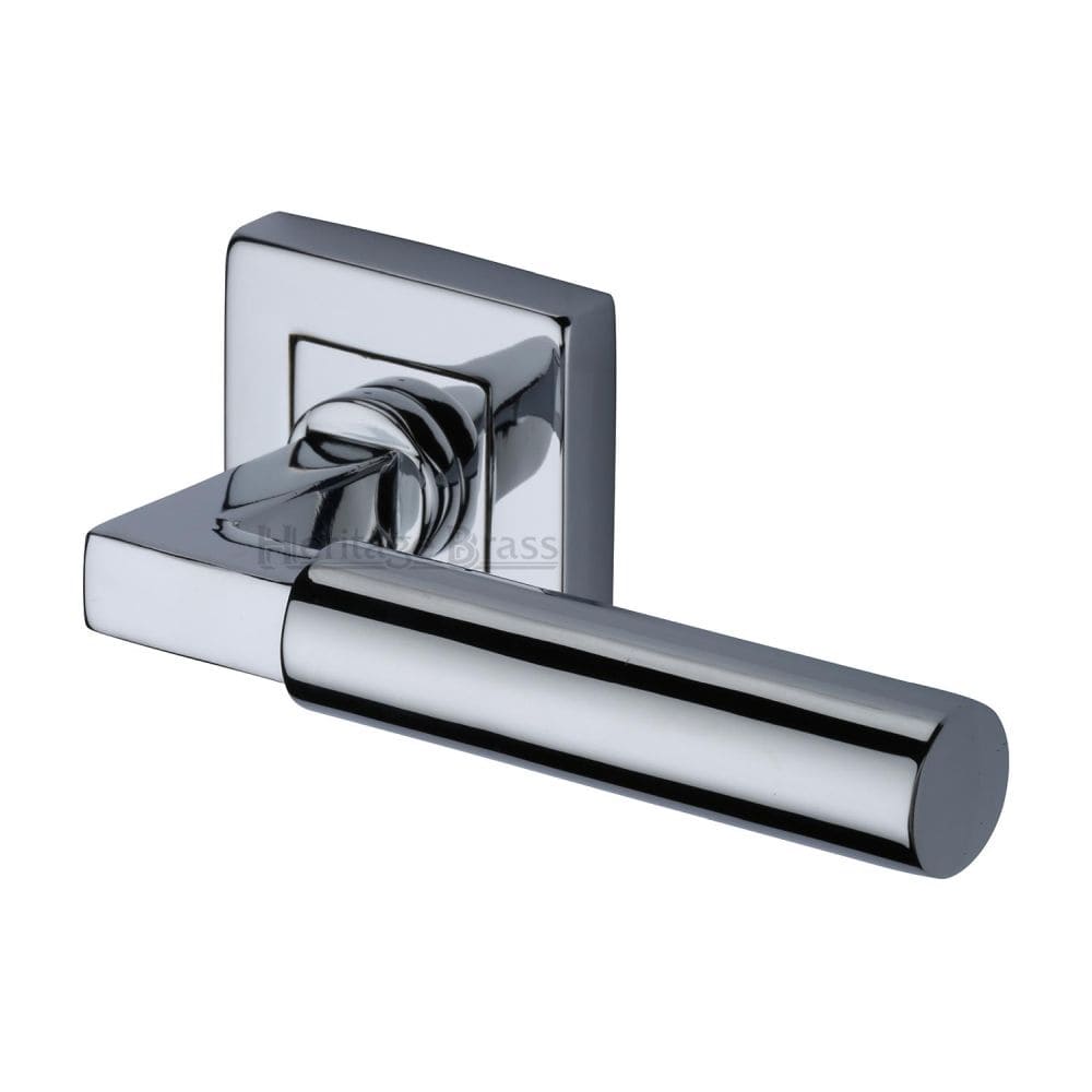 Heritage Brass Door Furniture Polished Chrome / Square Rose Heritage Brass - Door Handle Lever on Rose Bauhaus Sq Design Polished Chrome Finish