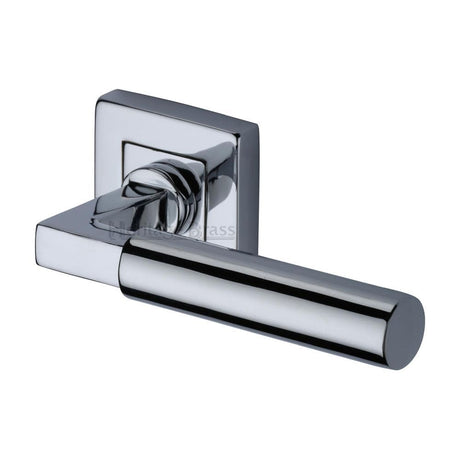 Heritage Brass Door Furniture Polished Chrome / Square Rose Heritage Brass - Door Handle Lever on Rose Bauhaus Sq Design Polished Chrome Finish