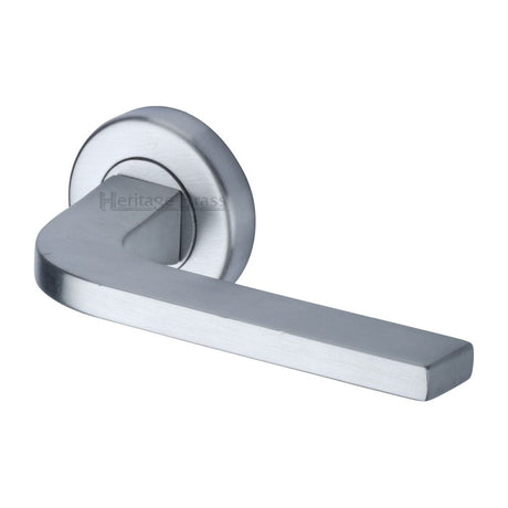Heritage Brass Door Furniture Satin Chrome / Round Rose Heritage Brass - Door Handle Lever on Rose Bellagio Design Satin Chrome Finish