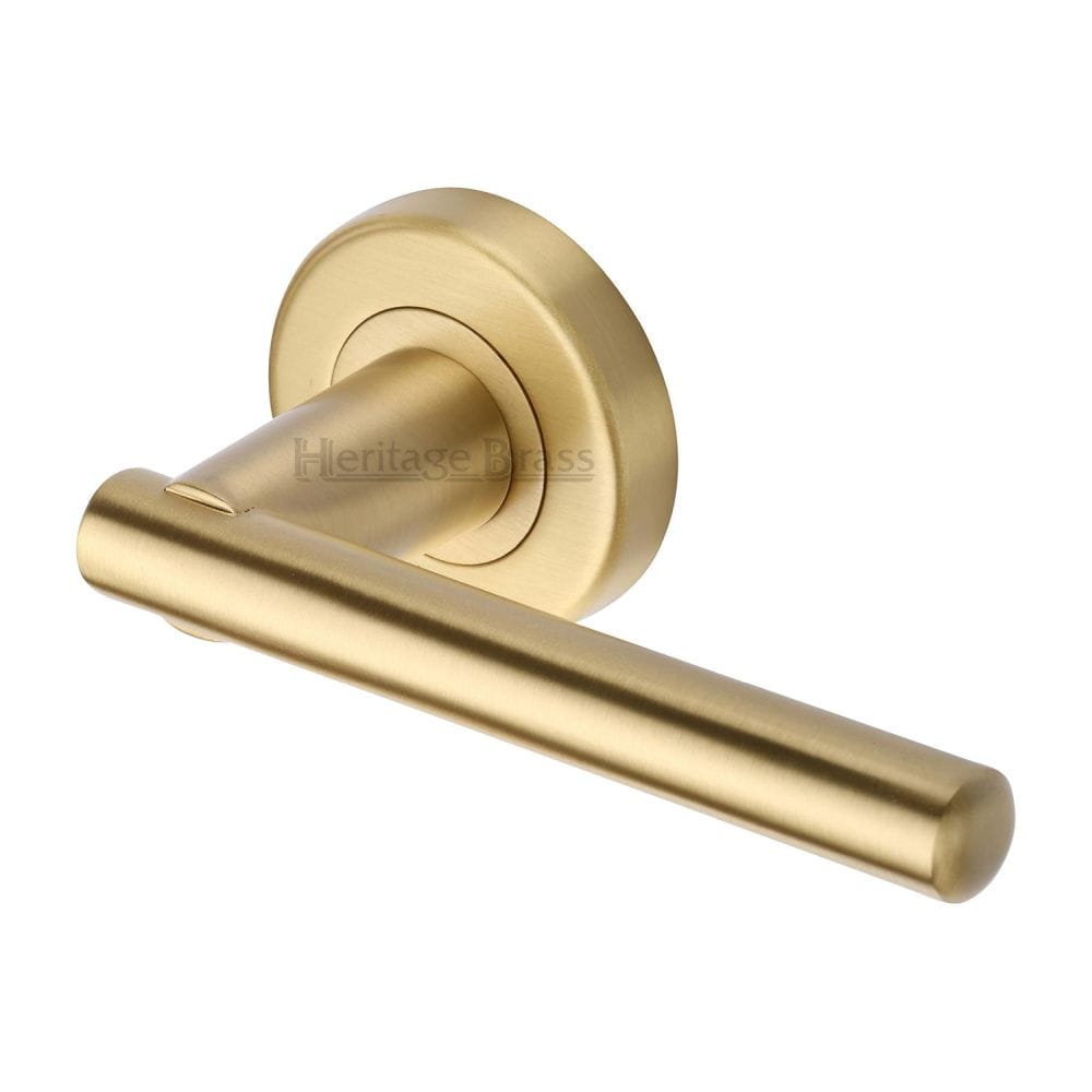 Heritage Brass Door Furniture Satin Brass / Round Rose Heritage Brass - Door Handle Lever on Rose Challenger Design Satin Brass Finish