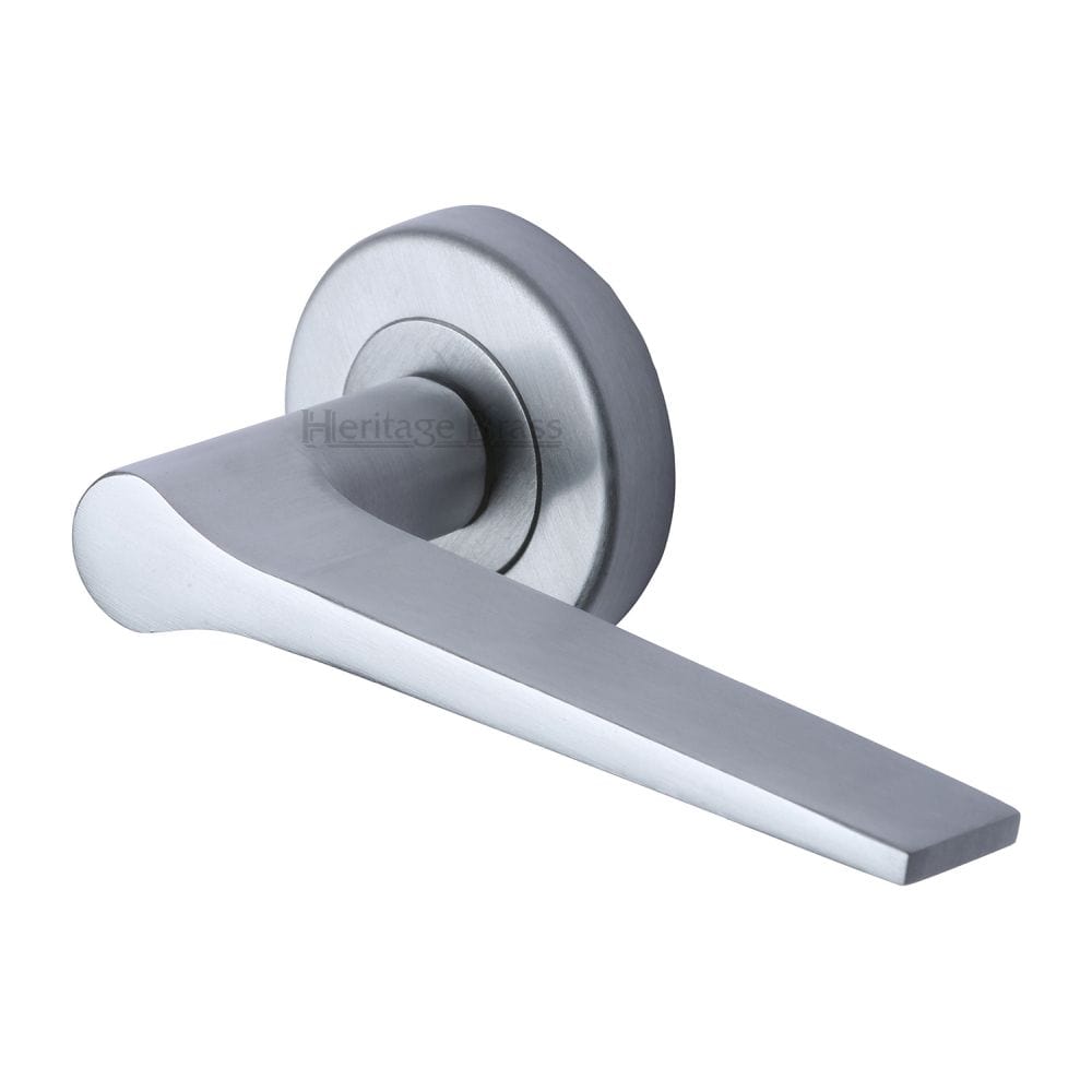 Heritage Brass Door Furniture Satin Chrome / Round Rose Heritage Brass - Door Handle Lever on Rose Gio Design Satin Chrome Finish