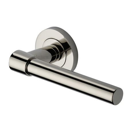 Heritage Brass Door Furniture Polished Nickel / Round Rose Heritage Brass - Door Handle Lever on Rose Phoenix Design Polished Nickel Finish